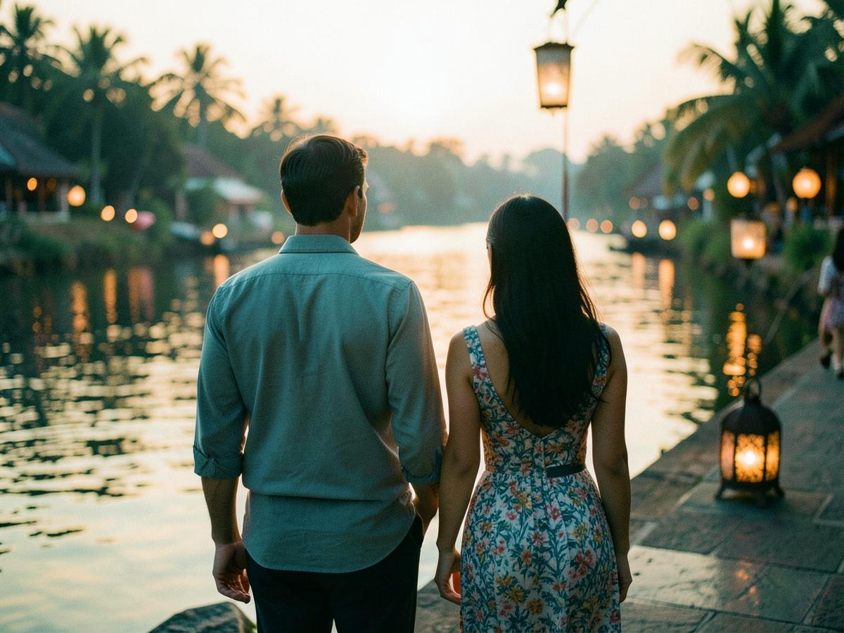 Pareja hispano-tailandesa paseando junto a un río de Tailandia al atardecer