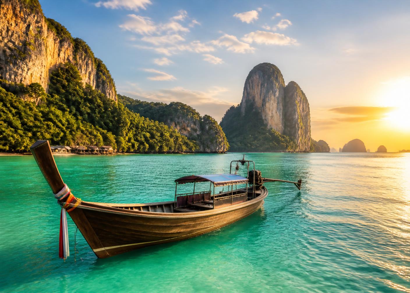 Barca de cola larga en aguas turquesas de Tailandia al atardecer